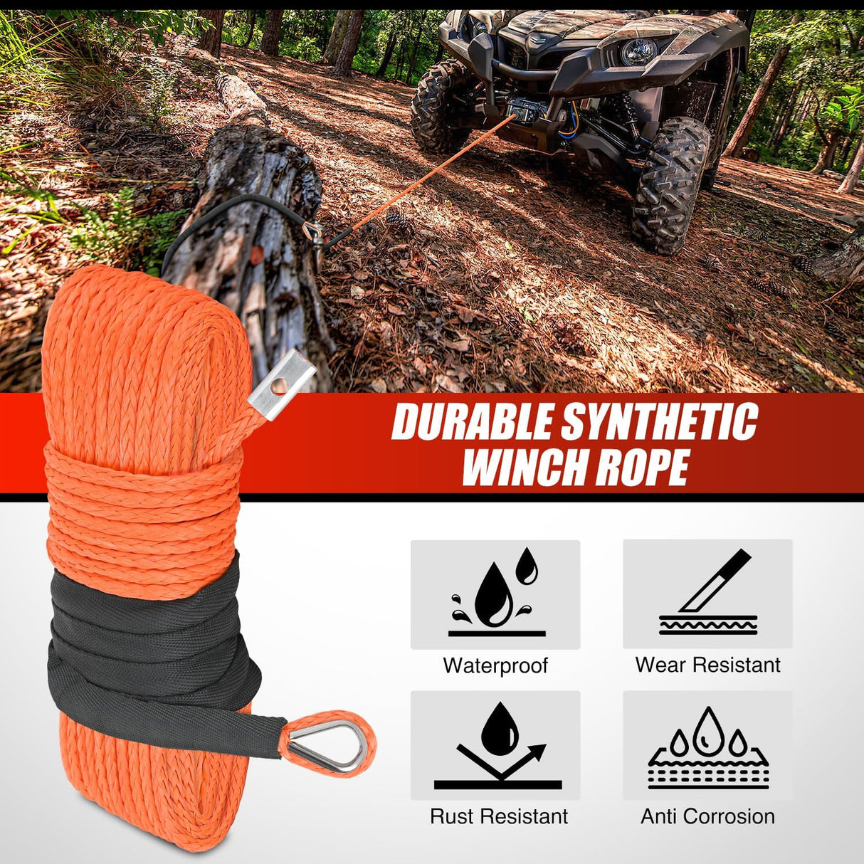 1/4 inch x 50 ft Synthetic Winch Line Cable Kit - Universal for ATV, UTV, 4x4 Off-Road Vehicle - 9000 lbs Winch Line Ropes with Steel Hook, Rubber Stopper, Protective Sleeve, Safety Strap, Orange