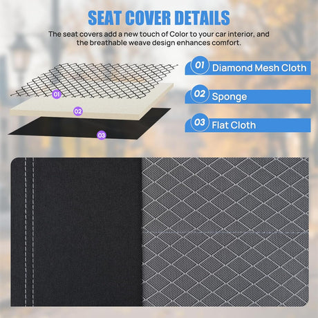 Car Seat Cover 2PCS Black Grey Breathable Mesh Interior Covers with Removable Headrest Airbag Compatible Universal for Cars Truck and SUV Front Seats