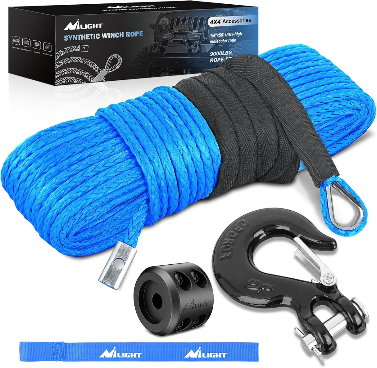 1/4 Inch x 50 Feet Winch Rope Synthetic Winch Line Cable Universal for ATV UTV 4x4 Off-Road Vehicle 9000lbs Winch Line Ropes with Steel Hook Rubber Stopper Protective Sleeve Safety Strap,Blue