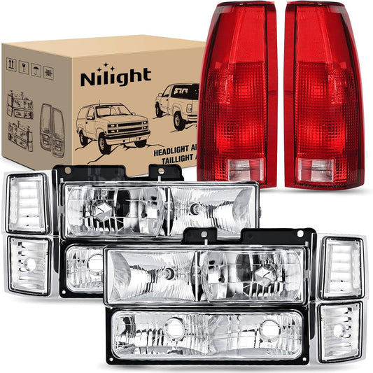 Headlight and Taillight Assembly Combo Compatible with 1994 1995 1996 1997 1998 Chevy Silverado Tahoe Suburban C10 C/K 1500 2500 3500 Tail Light Chrome Housing Clear Reflector Bumper Lamp