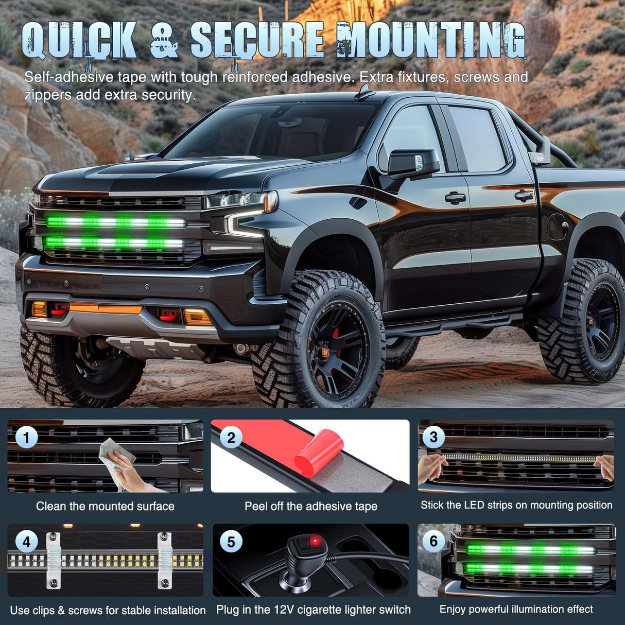 2PCS 24 inch Truck Grille Strobe Lights Strip 384 LED Emergency Light Green White Flexible Side Flashing Warning Caution Safety Waterproof Lighting Kit for Trucks Tow Plow Construction Vehicle