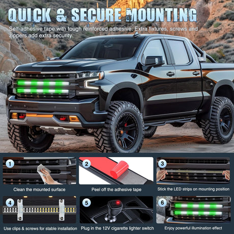 2PCS 24 inch Truck Grille Strobe Lights Strip 384 LED Emergency Light Green White Flexible Side Flashing Warning Caution Safety Waterproof Lighting Kit for Trucks Tow Plow Construction Vehicle