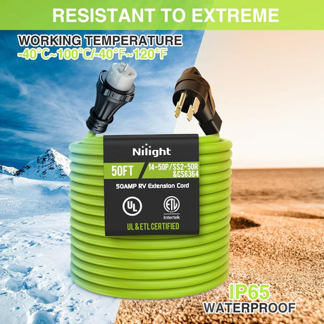 50FT 50 Amp Generator Extension Cord 250V Heavy Duty 6/3+8/1 Gauge Pure Copper STW Wire ETL Listed 4 Prong 14-50P SS2-50R&CS6364 Suit for RV Camper Outdoor Use Bright Green