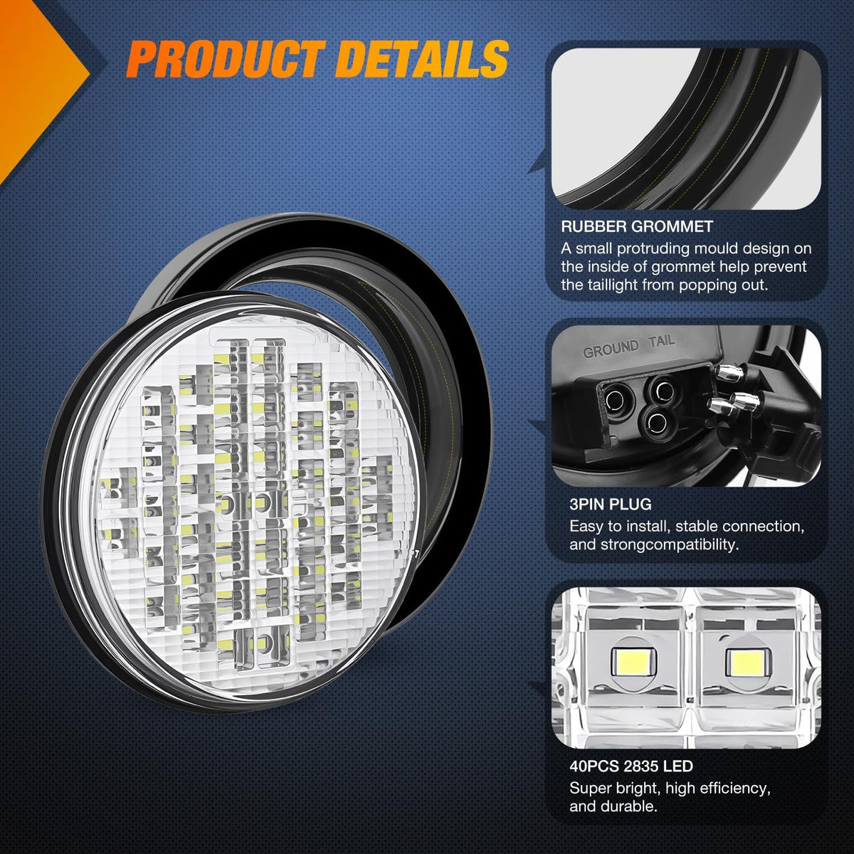 Trailer Tail Lights 2PCS 4Inch Round 40LED White Reverse | Surface Mount Grommet Plugs IP67 Waterproof Marker Clearance Running Backup Taillights for Trailer Truck Pickup Camper RV Bus