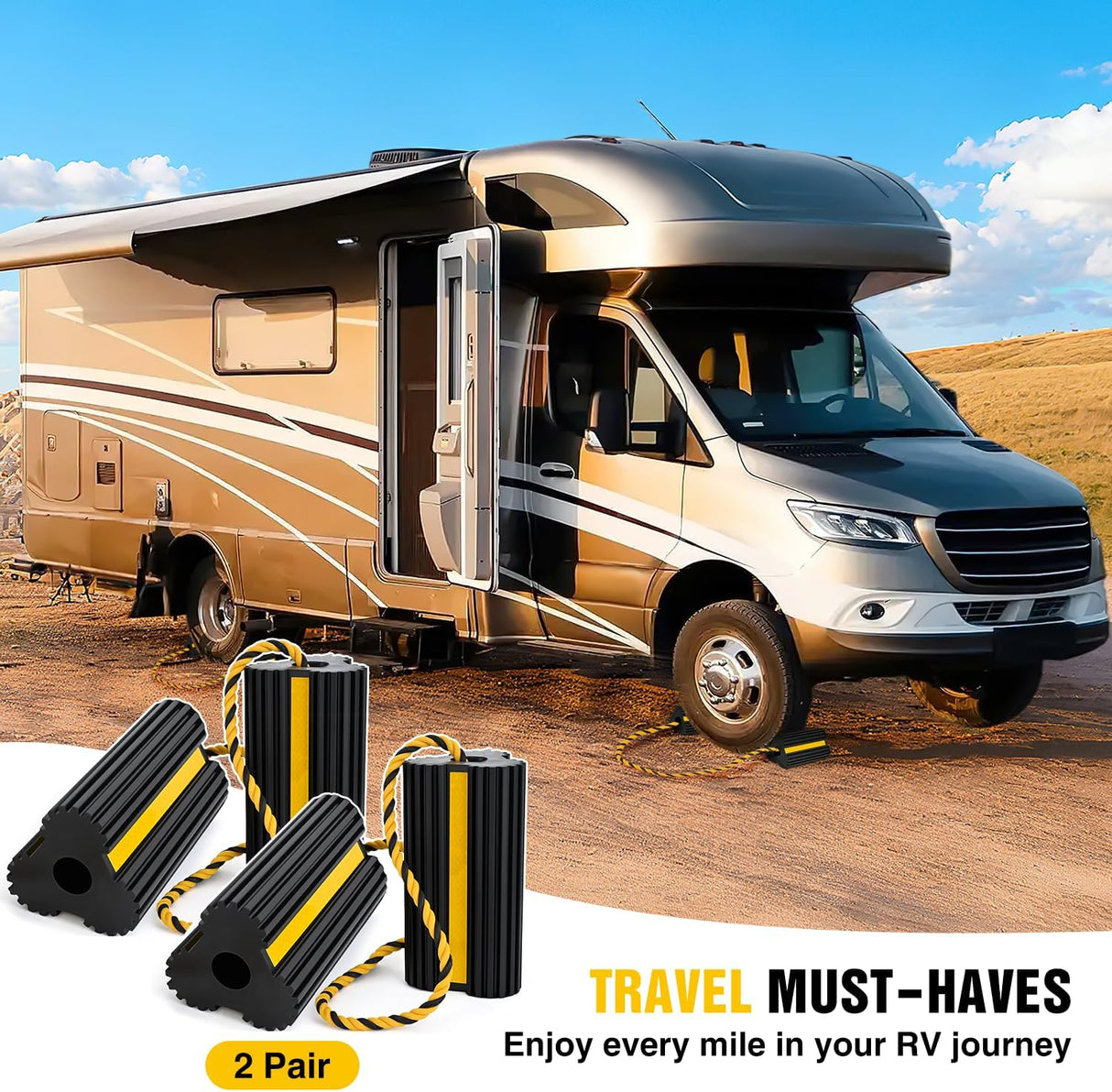 Wheel Chocks RV Car Heavy Duty Rubber Tire Chock Blocks Stopper Yellow Reflective Strips Stabilizer 4 Pack with Rope for RVs Cars Travel Trailers Campers Trucks Motorcycle Accessories Parking