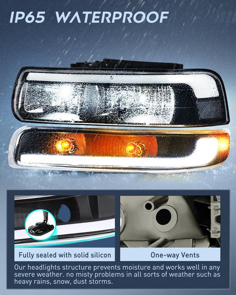 LED DRL Headlight Assembly for 1999 2000 2001 2002 Chevy Silverado 1500 1500HD 2500 2500HD 3500 Chevrolet Tahoe Suburban Replacement Headlamp Clean Lens Black Housing Bumper Lights Set