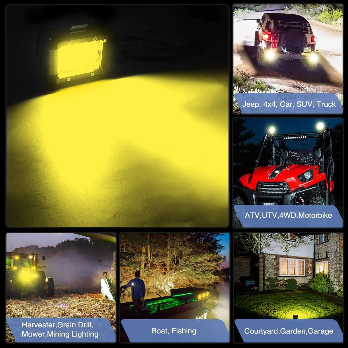 2PC 4Inch Yellow Led Pods Triple Row 60W Flood Spot Combo Driving Fog Lights with 16AWG Switch Wiring Harness Kit-2 Leads for Offroad Pickup Trucks ATV UTV SUV, 2 Years Warranty