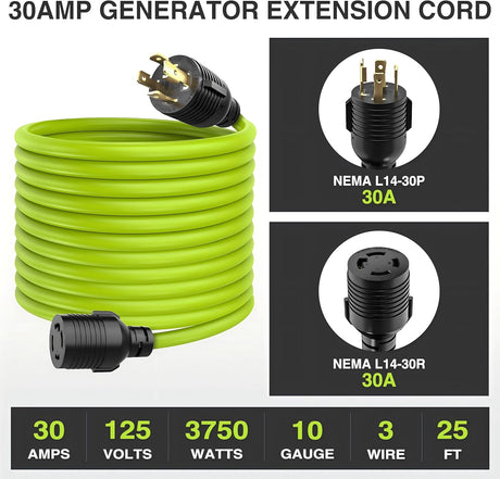 25FT 30Amp Generator Extension Cord 125V Heavy Duty 10/3 Gauge Pure Copper STW Wire UL ETL Listed 4 Prong L14-30P L14-30R Weatherproof Suit for Camper Outdoor Use Bright Green