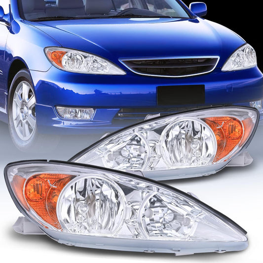 2002-2004 Toyota Camry LE/XLE Headlight Assembly Chrome Case Amber Reflector Clear Lens Nilight