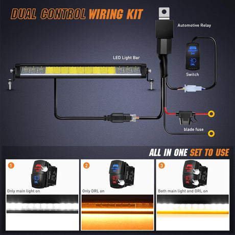 LED Light Bar with Amber DRL 19.5 Inch 75W Single Row Offroad Light Anti-Glare Flood Spot Combo Slim Light Bar IP68 w/ 16AWG DT Wiring Kit for Pickup Truck SUV ATV UTV Boat 4x4 Jeep