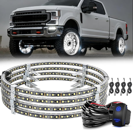 4PCS 15.5inch Double Row LED Wheel Ring Lights Pure White with Wiring Harness Kit Rocker Switch Control Dual Row for Car Van SUV Truck