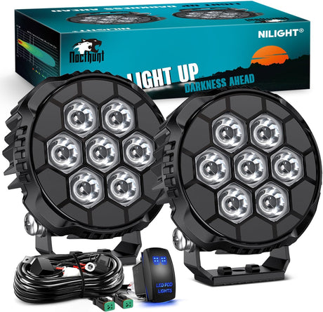 LED Pod Light 2 PCS 4.1 Inch 35 W 7 LED Round Hyper Spot Beam Offroad Driving Lights w/16 AWG Rocker Switch Wiring Harness Kit for Truck Motorbike Boat ATV UTV