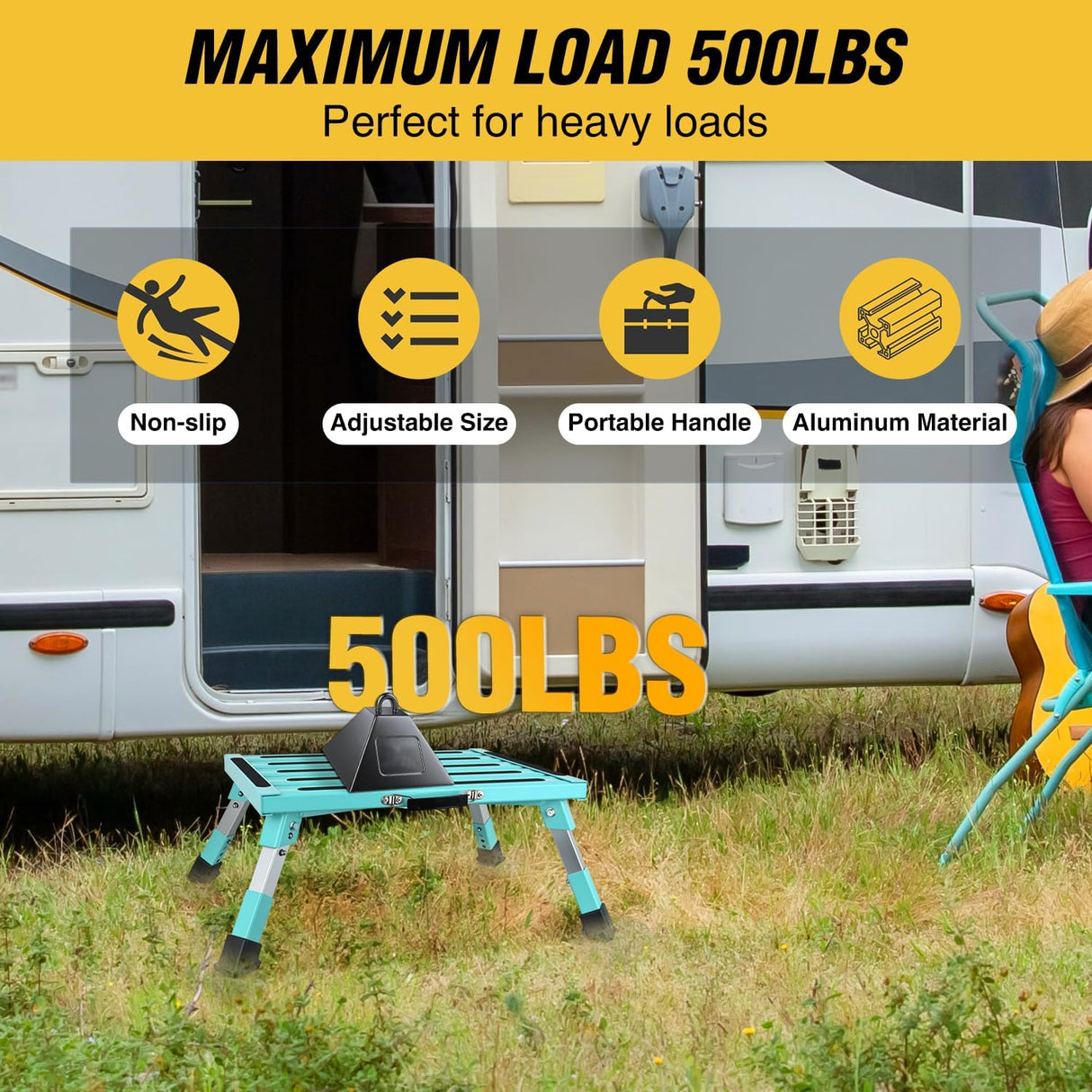 RV Step Stool Aluminum Folding Platform Steps 19x14.5 RV Steps 4 Levels Adjustable Heavy Duty Step Stool with Anti-Slip Surface Rubber Feet Portable Handle 500lb for Camper Trailer,Mint Green