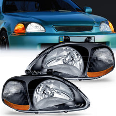 1996-1998 Honda Civic Headlight Assembly Black Case Amber Reflector Upgraded Clear Lens