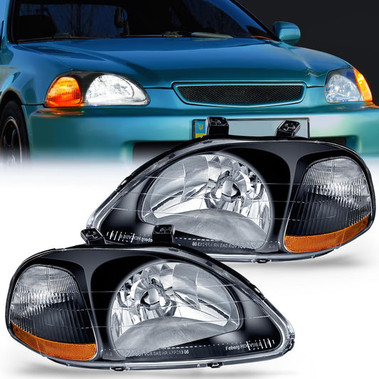 1996-1998 Honda Civic Headlight Assembly Black Case Amber Reflector Upgraded Clear Lens Nilight