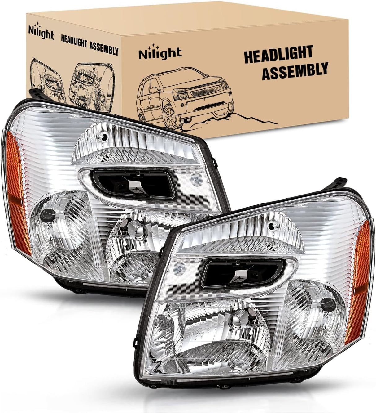 Headlight Assembly Compatible with 2005-2009 Chevy Equinox | 2005-2009 Chevy Equinox SUV OE Style Replacement Headlights Chrome Housing Amber Reflector Headlamp