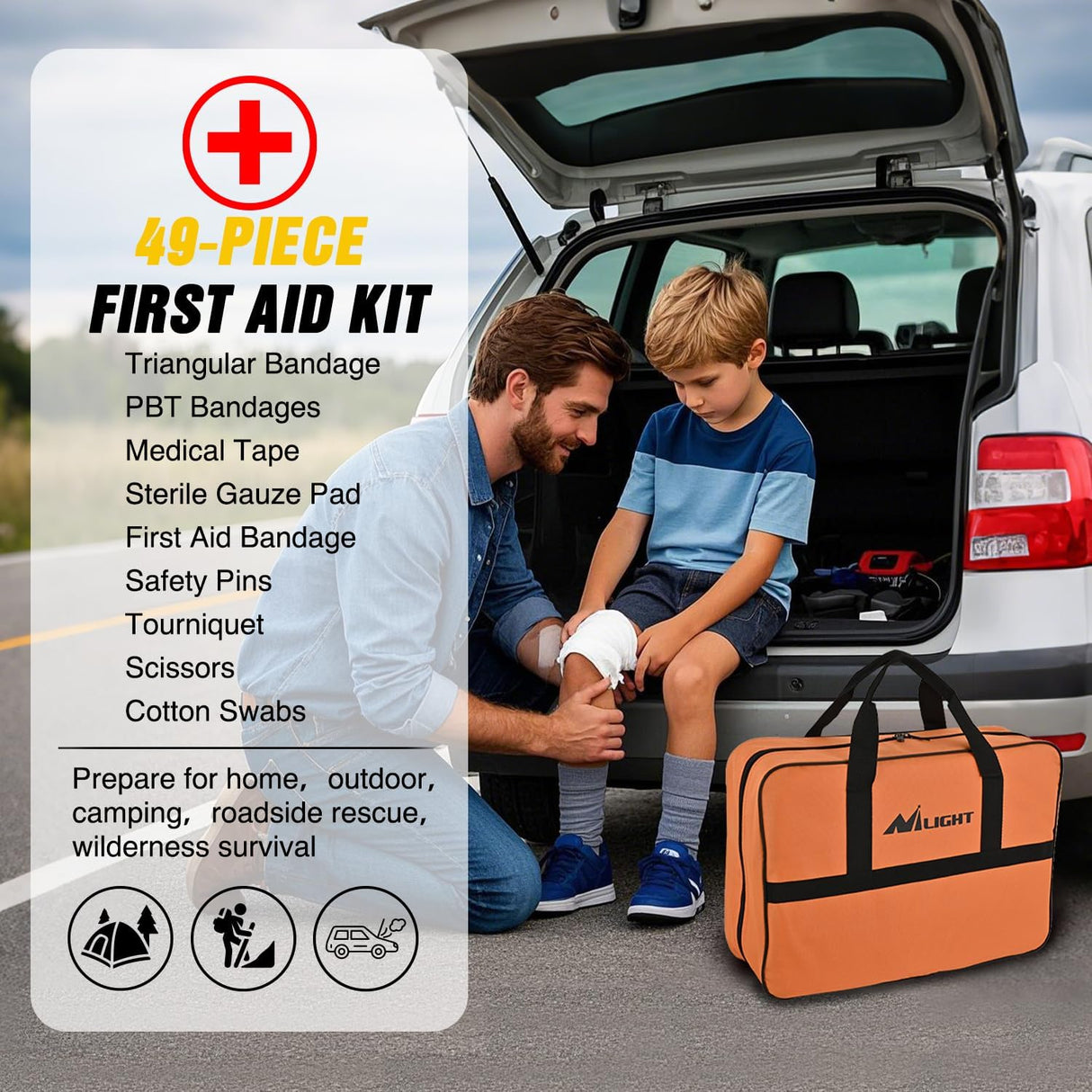 Car Emergency Kit with Jumper Cable Air Compressor Tire Repair Essential Tools First Aid Alligator Connector Electrical Kit for Travel Camping Outdoor Cars Truck SUV RV