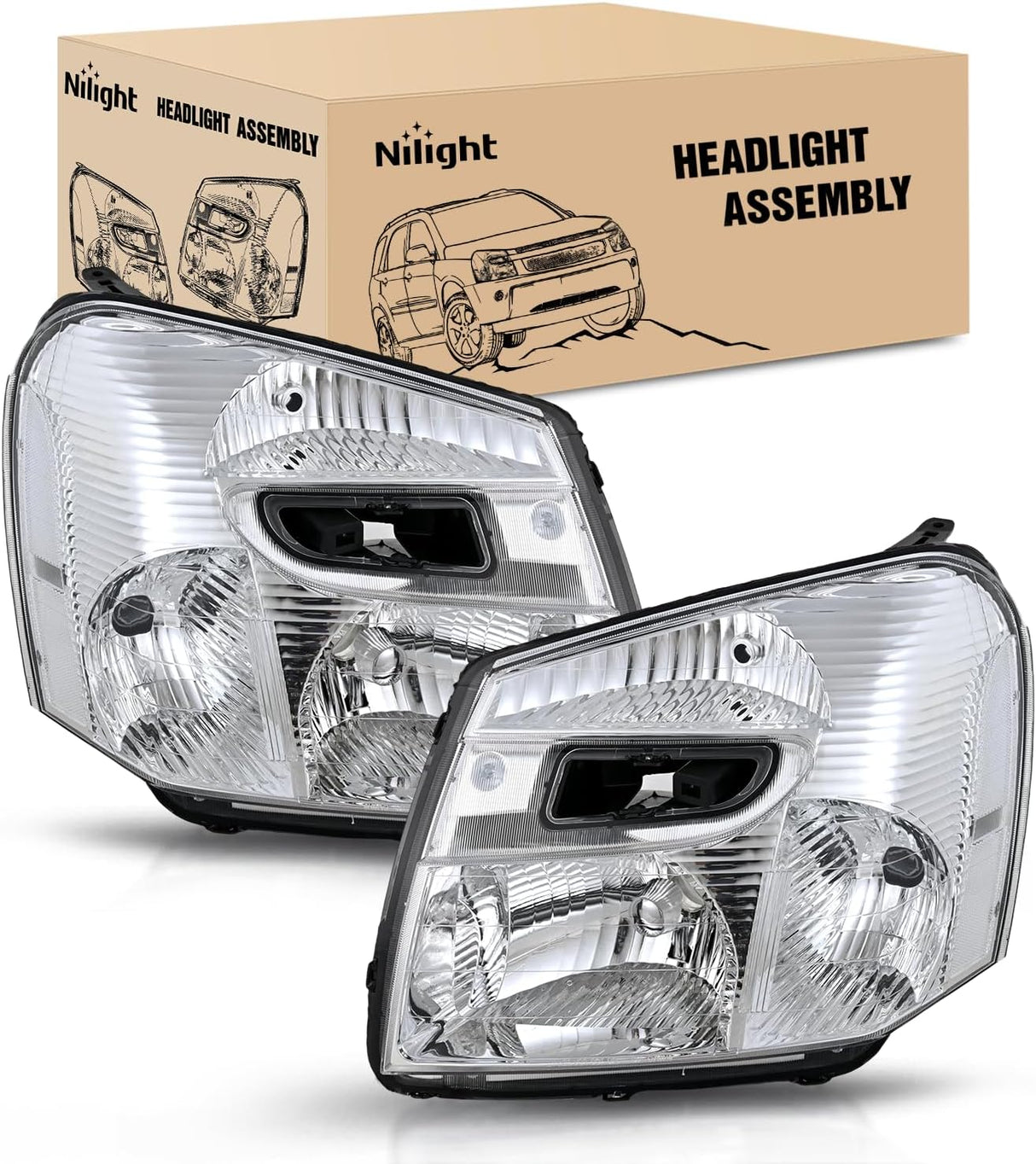 Headlight Assembly Compatible with 2005 2006 2007 2008 2009 Chevy Equinox SUV OE Style Replacement Headlights Chrome Housing Clear Reflector Headlamp Passenger and Driver Side