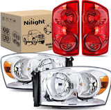 Headlight and Taillight Assembly Combo Compatible with 2007 2008 2009 Dodge Ram 1500 2500 3500 OE Style Chrome Housing Amber Reflector with Red Housing Tail Lights
