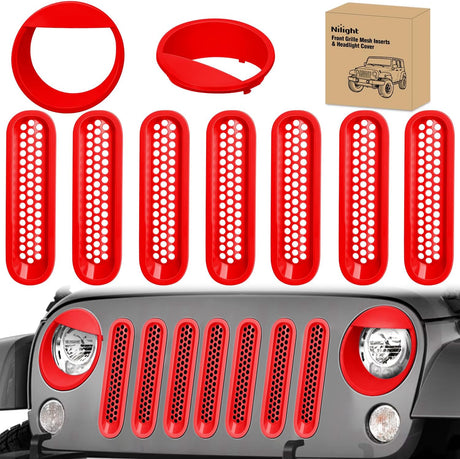 Grill Inserts fit for Jeep Wrangler Front Grille Mesh Inserts & Headlight Cover Set for JK JKU Unlimited Sports Sahara Freedom Rubicon 2007-2018 Clip-in Trim Exterior Accessories Red 9 Pcs