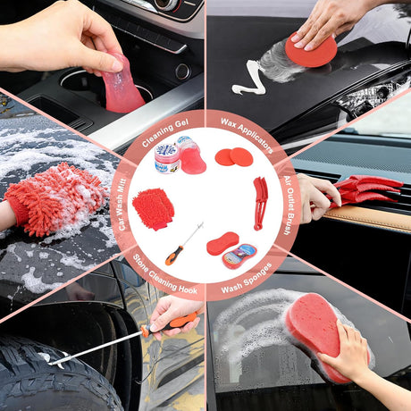 Automotive Tools 37PCS Car Detailing Kit Auto Cleaning Tools Wash Set with Storage Carry Bag Home Use for Interior Exterior Deep Clean Car Care Windshield Dashboard Seat Air Vents Wheels Tires, Red