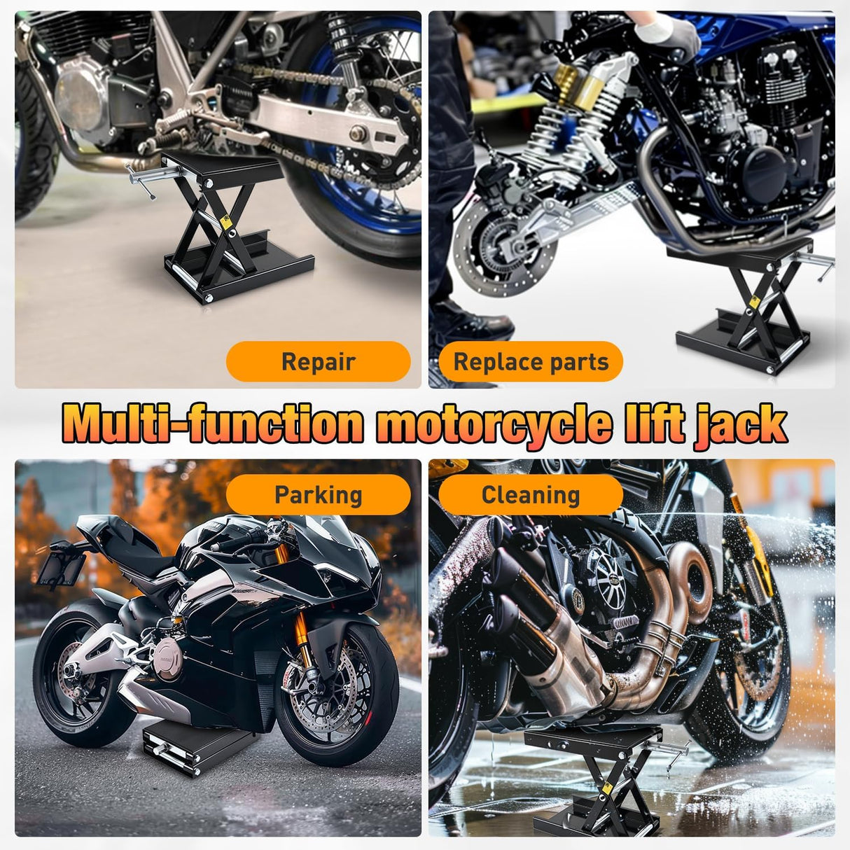 Motorcycle Lift Jack 1100 LBS Motorcycle Scissor Jack Stand Lift with Wide Deck Crank Handle 3.4 Inch-14.2 Inch Steel Scissor Hoist Garage Repair Lift Table Jacks for Motorcycles ATV Dirt Bike, Black