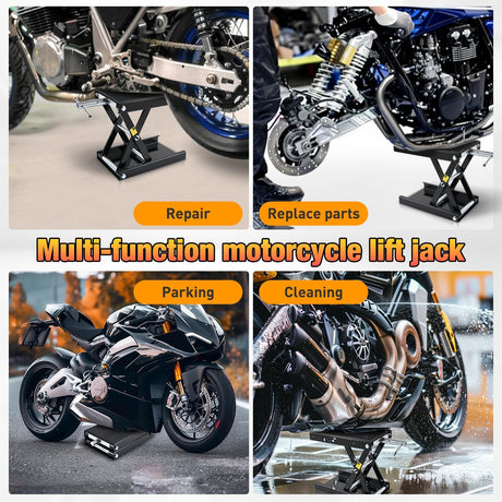 Motorcycle Lift Jack 1100 LBS Motorcycle Scissor Jack Stand Lift with Wide Deck Crank Handle 3.4 Inch-14.2 Inch Steel Scissor Hoist Garage Repair Lift Table Jacks for Motorcycles ATV Dirt Bike, Black