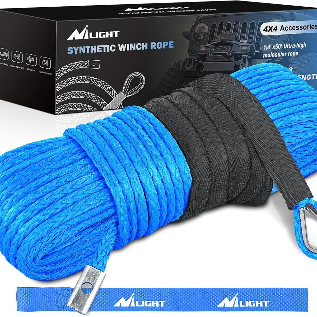 Winch Rope 1/4 Inch x 50 Feet 9000 LBS Synthetic Winch Line Cable with ...
