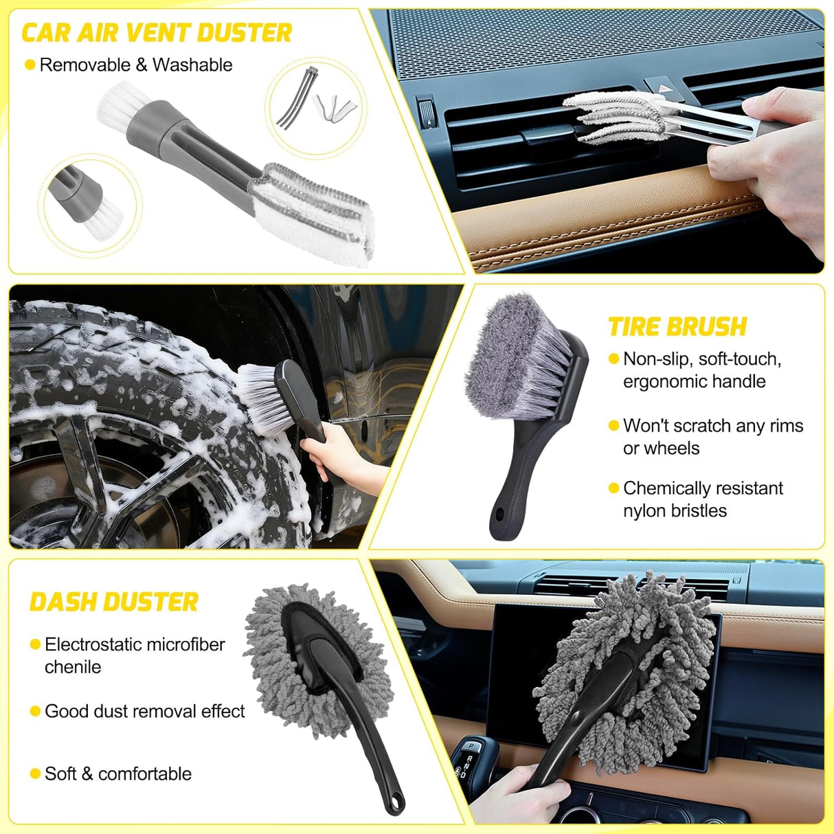 Automotive Tools 27PCS Car Detailing Kit Auto Cleaning Tools Wash Set with Storage Carry Bag Home Use for Interior Exterior Deep Clean Polish Car Care Windshield Dashboard Seat Air Vents Wheels Tires, Yellow