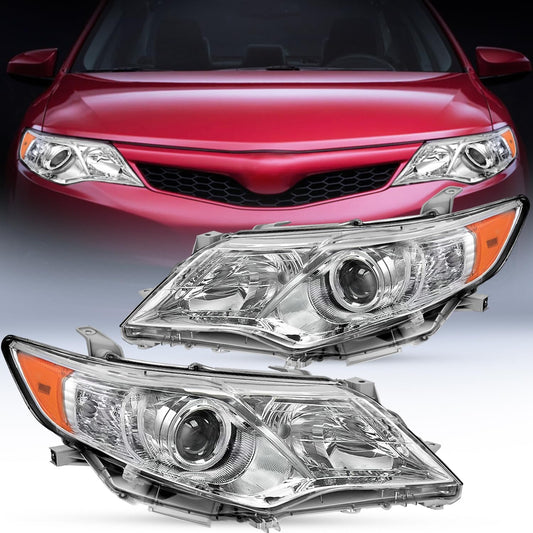 2012-2014 Toyota Camry L/LE/XLE/Hybrid LE XLE Headlight Assembly Chrome Housing Amber Reflector Clear Lens Nilight