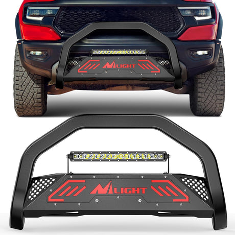 Bull Bar with Light fits Dodge Ram 1500 New Body 2019-2024 (Not fit Rebel,TRX,Classic & 20-22Diesel) Front Bumper Grille Brush Push Guard with Skid Plate Licence Hole Black