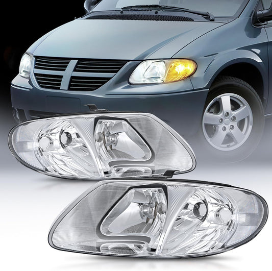 2001-2007 Chrysler Town & Country 2001-2003 Voyager 2001-2007 Dodge Grand Caravan Headlight Assembly Chrome Case Clear Reflector Nilight