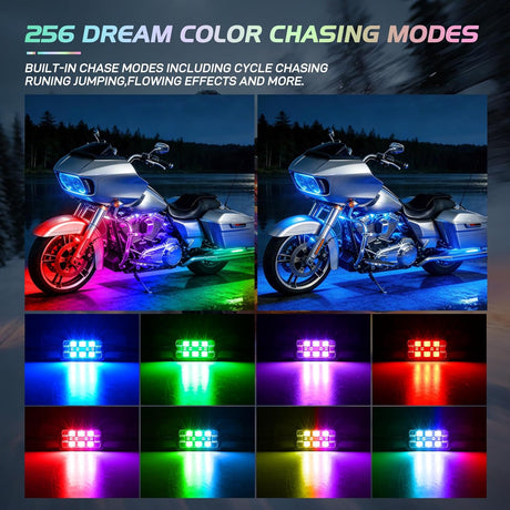 8PCS Motorcycle Dream Color LED Strip Lights Kit Waterproof Multicolor Atmosphere Neon Accent Lights Pods Lamp APP and Remote Control Underbody Strips for Harley Davidson Honda Kawasaki Suzuki