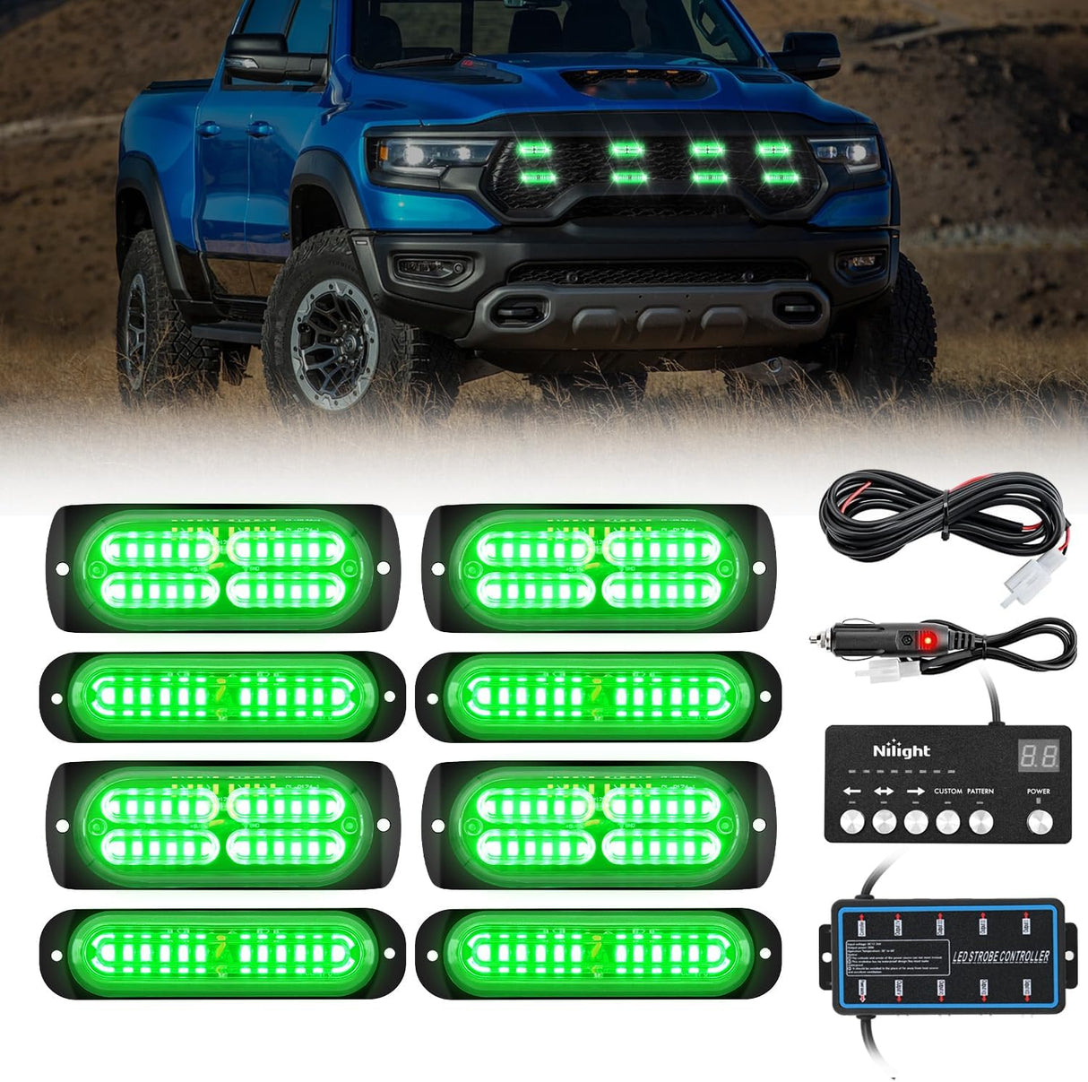 8PCS Led Strobe Lights with Controller 12V 24V Sync Feature Green Emergency Hazard Warning Light 12 24 LEDs Surface Mount for Vehicle Car Truck RV ATV