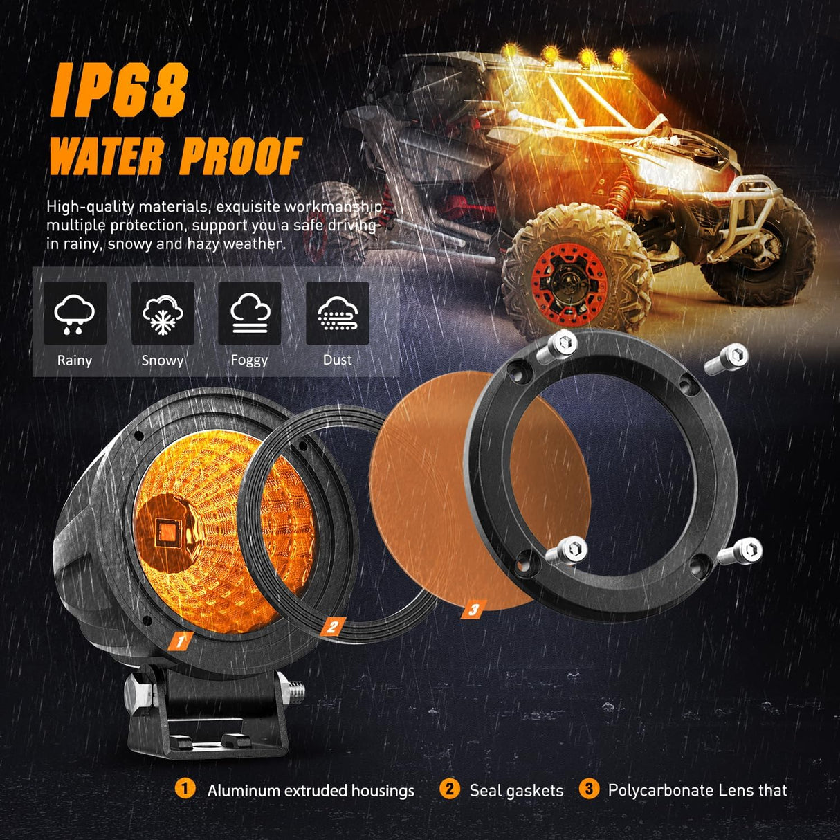 Amber LED Light Pods 2 PCS 3 Inch Flood Round Offroad Driving Auxiliary Fog Lights Built-in EMC w/18AWG DT Wiring Harness Kit for Motorcycle SUV ATV Truck Boat