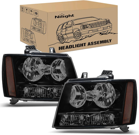Headlight Assembly for 2007 2008 2009 2010 2011 2012 2013 2014 Chevy Avalanche Tahoe Suburban 1500 2500 Replacement Headlamp Bumper Lamp Set Black Housing Amber Reflector Smoked Lens