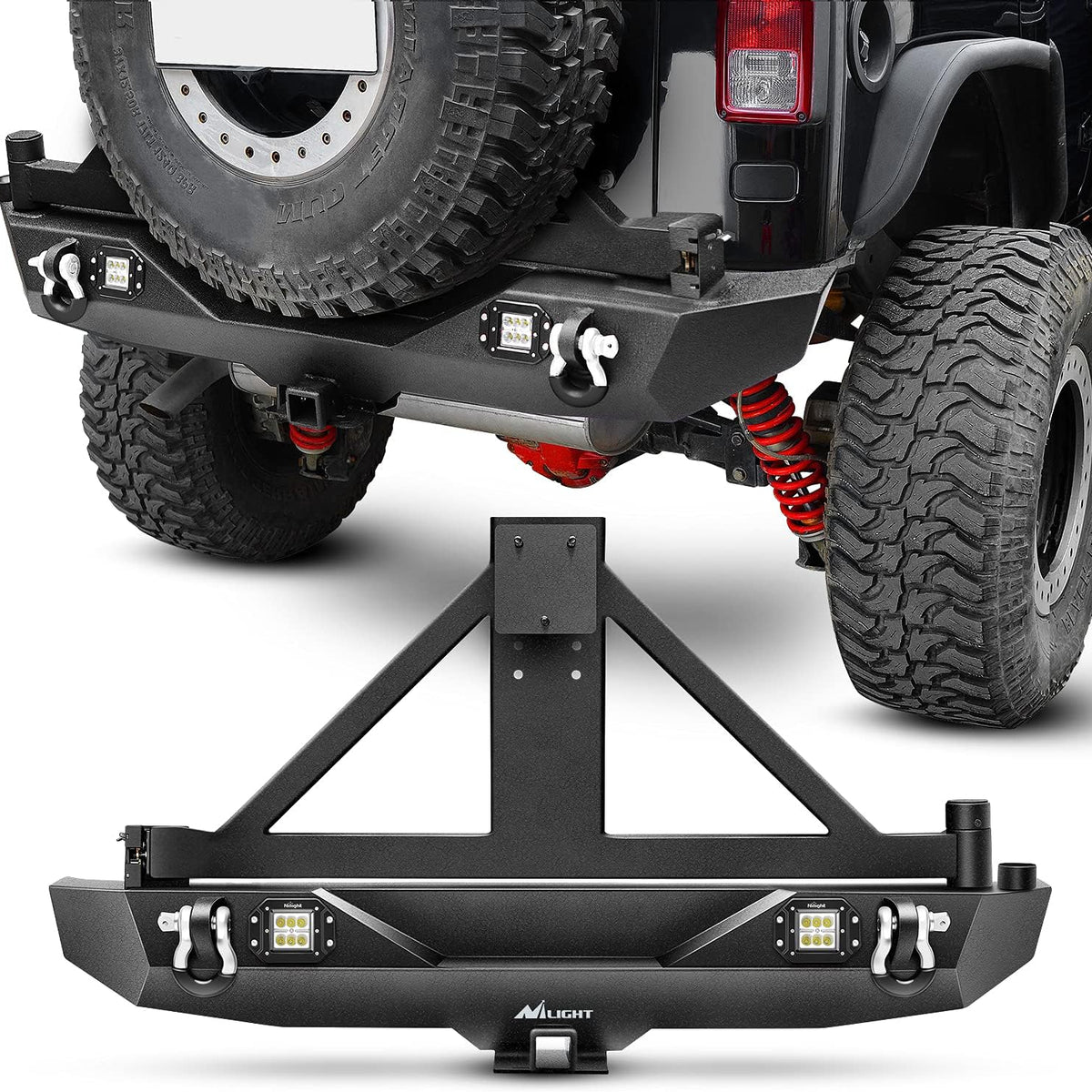 Rear Bumper & Spare Tire Rack & Hitch Receiver w/2 LED Lights – Nilight