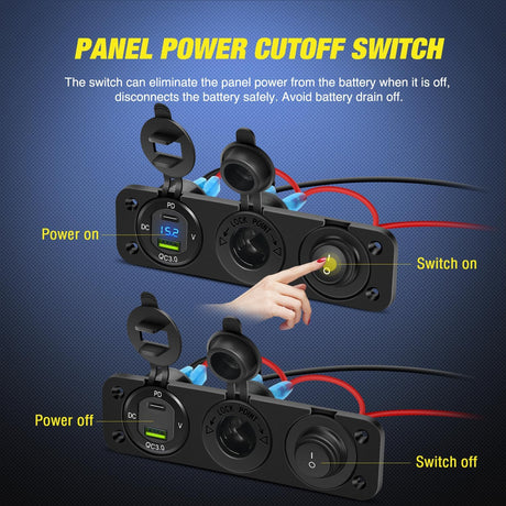 4 in 1 Charger Socket Panel PD Type C and QC 3.0 USB with LED Voltmeter Display and Cigarette Lighter Power Cutoff Switch for Cars Trucks UTV ATV