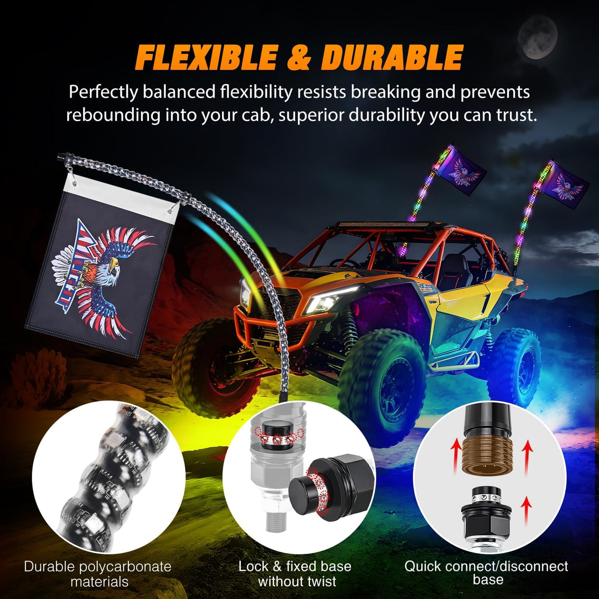 RGB LED Whip Light 2PCS 3FT with 6 Rock Lights Combo | APP and Remote Control with DIY Chasing Patterns Stop Turn Reverse Modes and Spring Base for ATV UTV RZR and Jeep