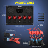 5 Gang Multi Function Waterproof Switch Panel PD Type C and USB Socket Digital Voltmeter 12V Outlet Rocker with Inline Fuse for RVs Cars Boats Trucks Trailers Red