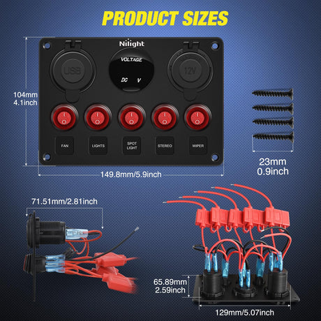 5 Gang Multi Function Waterproof Switch Panel PD Type C and USB Socket Digital Voltmeter 12V Outlet Rocker with Inline Fuse for RVs Cars Boats Trucks Trailers Red