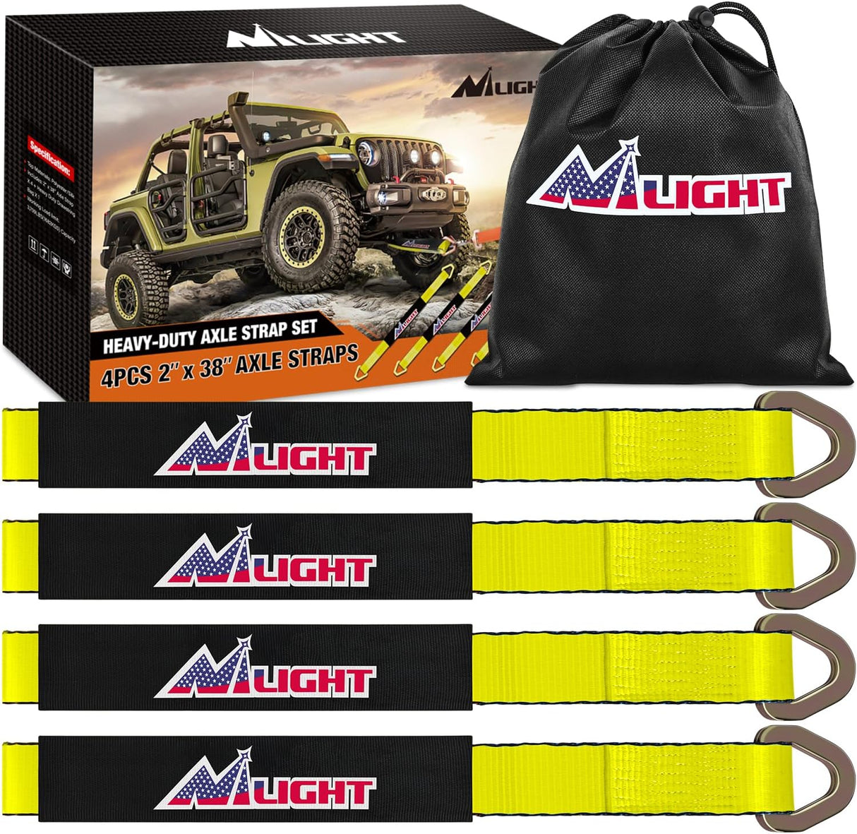 2 Inch x 38 Inch Axle Tie Down Straps with D-Rings & Protective Sleeves | 11,127 LBS Break Strength for Car Haulers Engine Hoists Trucks Trailers and UTVs 4 Pack Yellow