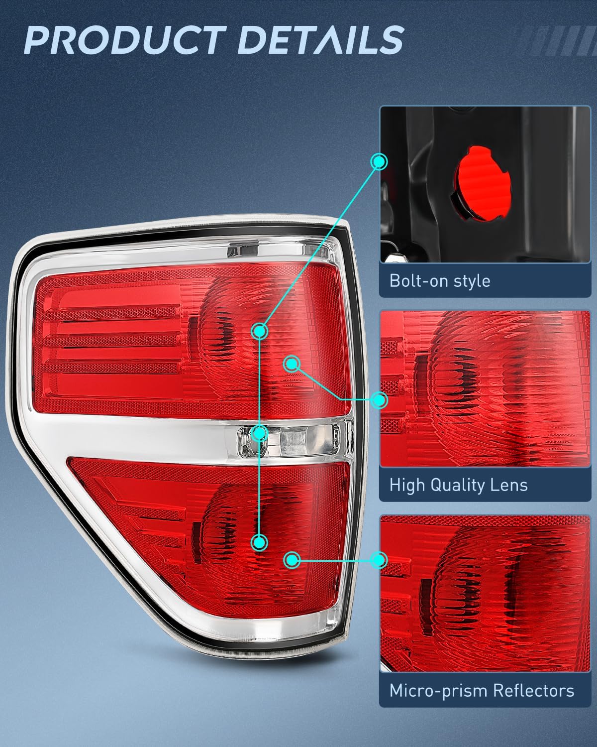 Taillight Assembly Compatible with 2009 2010 2011 2012 2013 2014 Ford F-150 F150 Pickup Truck Taillights Rear Lamp Replacement OE Style Red Housing Driver Side Chrome Trim