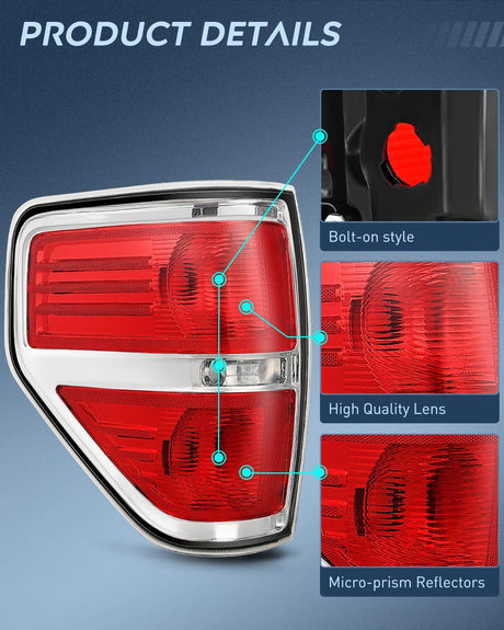 Taillight Assembly Compatible with 2009 2010 2011 2012 2013 2014 Ford F-150 F150 Pickup Truck Taillights Rear Lamp Replacement OE Style Red Housing Driver Side Chrome Trim