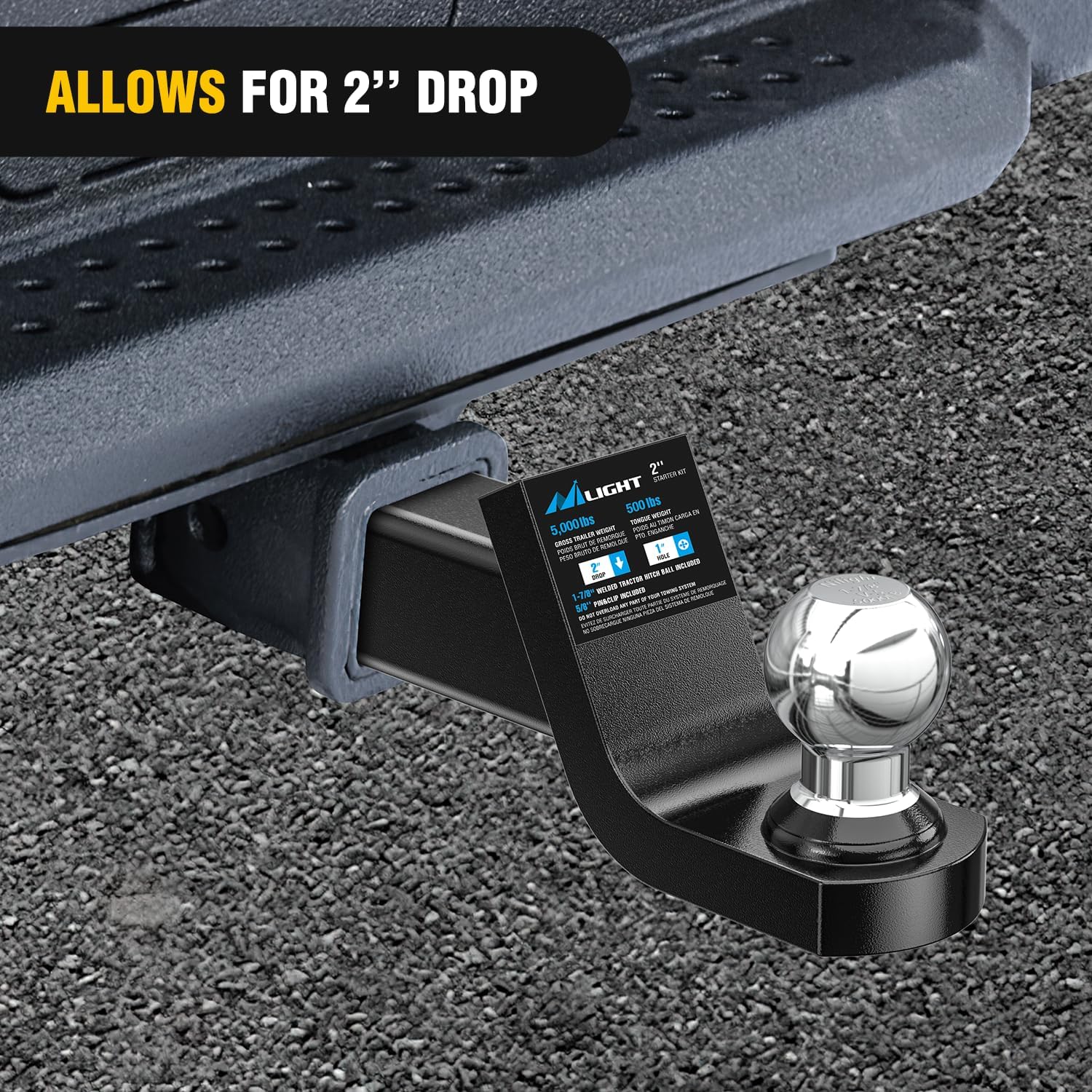 Fusion Trailer Hitch Mount with 1-7/8" Trailer Ball 5/8" Hitch Pin Clip 2" Drop Nilight