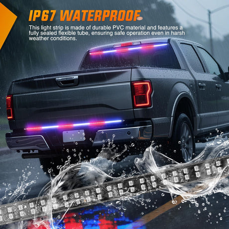 48 Inch Truck Tailgate Strobe Light Strip Tail Emergency Bar Rear Window Warning Lamp Ultra-Bright Double Row 288 LED for Pickup Trailers Construction Vehicles Car SUV, Red Blue