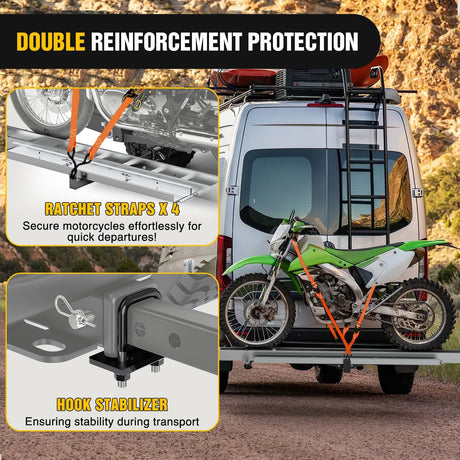 Motorcycle Hitch Carrier 400LBS, Lightweight Robust Aluminum Dirt Bike Hitch Hauler with 55.11 Inch Longer Ramp, Pin Lock, Tie-Down Strap and Tightener, 2 Inch Receiver, 5 Inch Wide Tire