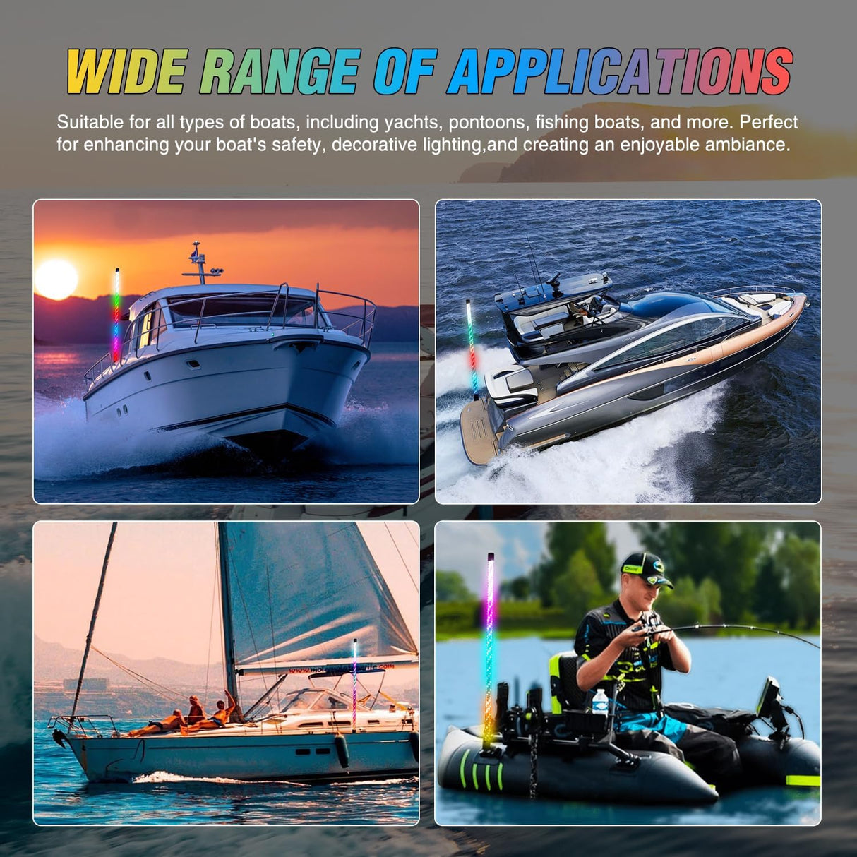 Boat Navigation Light 4FT Spiral LED Whip Lights 360° Visibility 2NM Coast Guard Compliant 400+ Patterns with Remote Plug-in Base Boats Stern Navlight for Night Fishing, Yacht, Pontoon