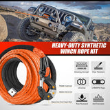Synthetic Winch Rope Kit 3/8 Inch X 92 Inch 25000 lb with Black Jacket Rope Protective Sleeve Forged 35000lb Winch Hook Safety Strap Winch Cable Line for OffRoad Vehicle Recovery Truck SUV ATV, Orange