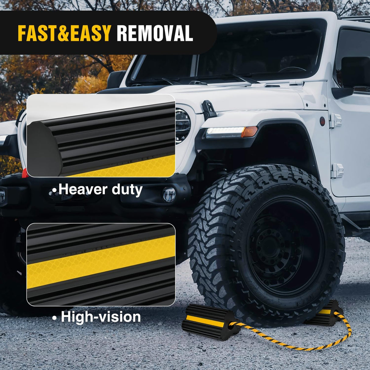 Wheel Chocks RV Car Heavy Duty Rubber Tire Chock Blocks Stopper Yellow Reflective Strips Stabilizer 4 Pack with Rope for RVs Cars Travel Trailers Campers Trucks Motorcycle Accessories Parking